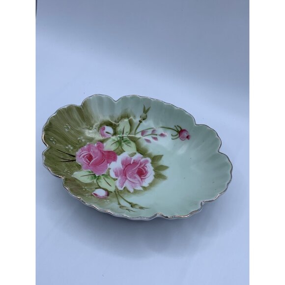 Lefton China Hand Painted Floral Oval Dish 6.5 inch Decorative Dish w Pink Roses - Picture 6 of 10